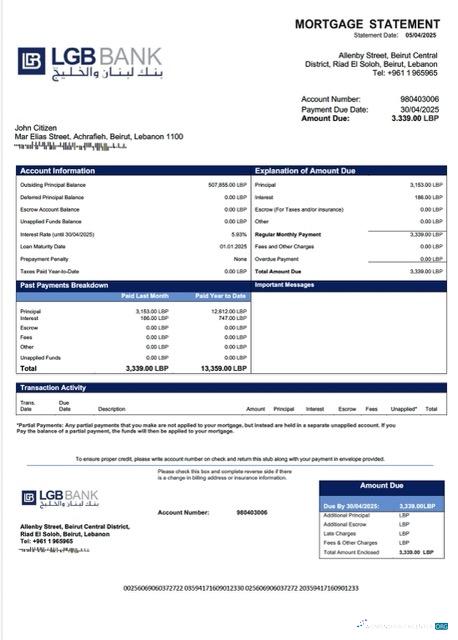 Download Lebanon and Gulf Bank mortgage statement Word and PDF template Photoshop template